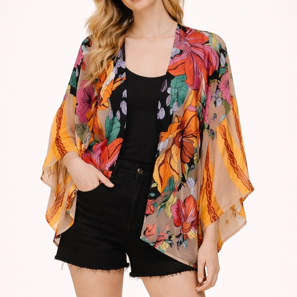 ARIS A. Floral Velvet Satin Chiffon Cover-up Kimono
